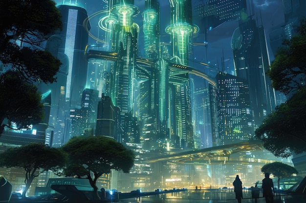 Una foto che mostra una vibrante città futuristica di notte con un gruppo di individui in piedi di fronte ad essa Città futuristica che implementa strategie di biotecnologia Generata dall'IA