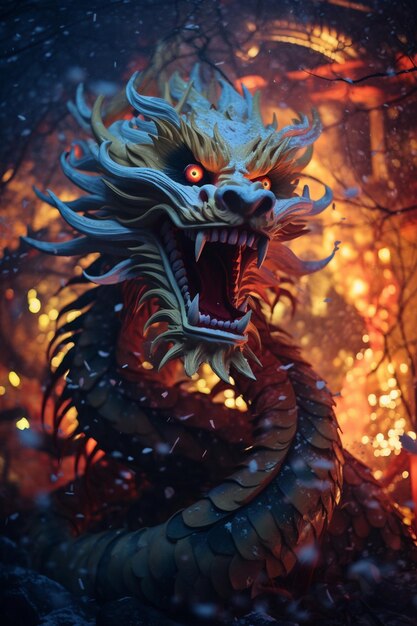 Una foto cinematografica di uno spettacolo di luci a tema di drago cinese