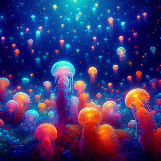 una foto colorata di meduse e meduse con uno sfondo blu