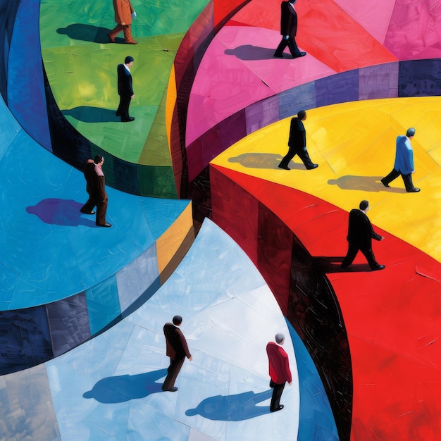 una foto colorata di persone a terra con diverse linee colorate