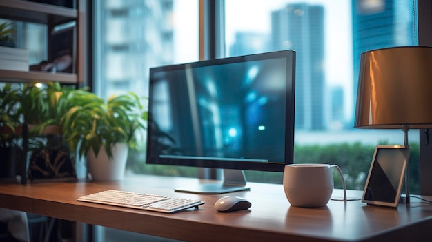 Una foto con un primo piano di un monitor di computer e una tastiera su una scrivania di ufficio elegante