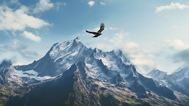 Una foto con un primo piano di una cresta montuosa con un uccello solitario che vola nel cielo