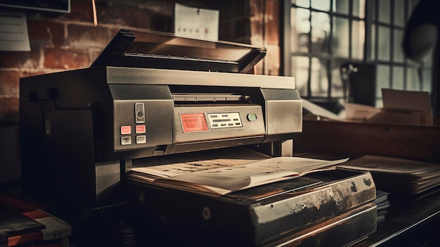 Una foto con un primo piano di una stampante o di una macchina copiatrice con vassoi per la carta e pannello di controllo