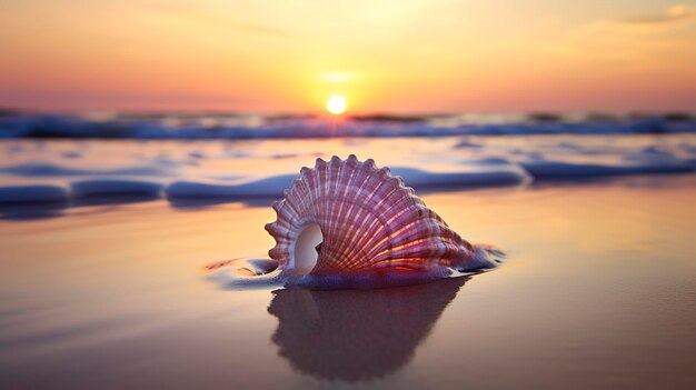 Una foto con un primo piano iper dettagliato di una conchiglia nella sabbia al tramonto
