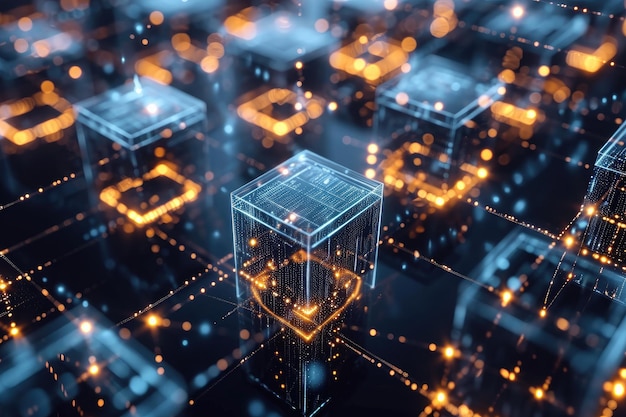 Una foto con una collezione di cubi illuminati da vivaci luci incandescenti sullo sfondo Uno sguardo all'interno della struttura di un blocco digitale in una blockchain Generato dall'intelligenza artificiale