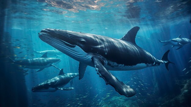 Una foto con una ripresa iper dettagliata di un branco di orche che nuotano insieme