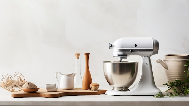 Una foto con uno spazio di lavoro in cucina minimalista con un mixer a mano e ingredienti per la cottura