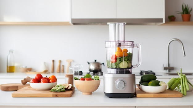 Una foto con uno spazio di lavoro in cucina minimalista con un processore alimentare e verdure