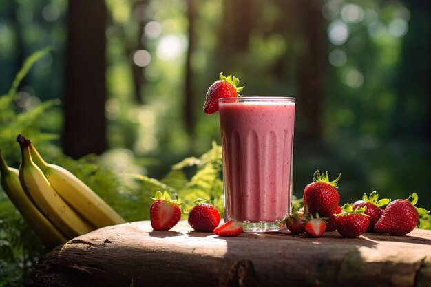 Una foto creativa del bicchiere di frullato posto tra una pila di fragole fresche e banane