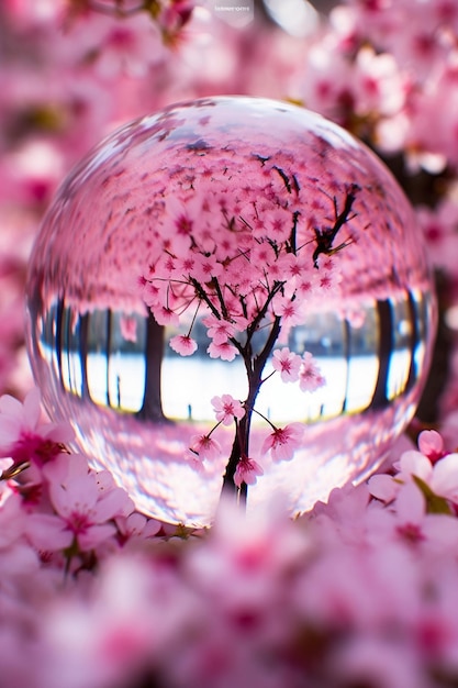 Una foto creativa di fiori di ciliegio attraverso l'obiettivo di una palla di cristallo