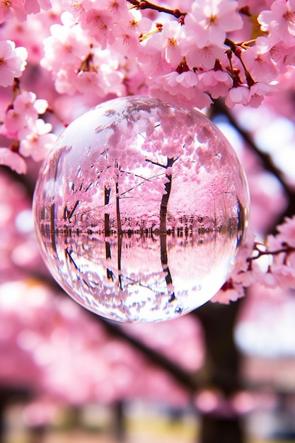 Una foto creativa di fiori di ciliegio attraverso l'obiettivo di una palla di cristallo