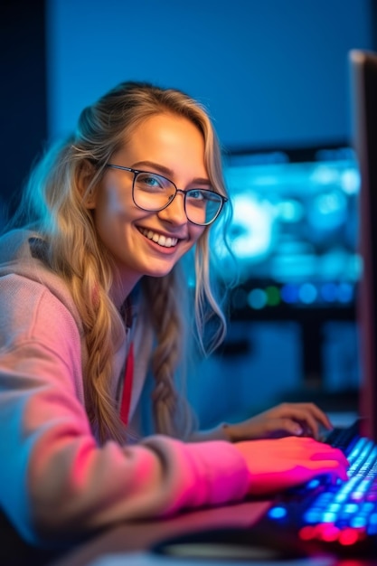 Una foto d'archivio in primo piano di una bella donna alla scrivania del computer sorridente