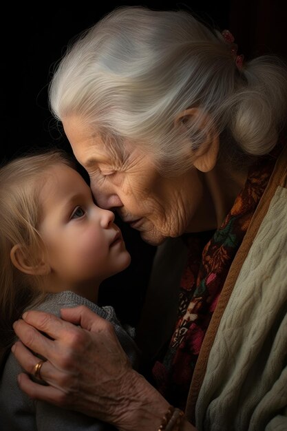 Una foto d'archivio in primo piano di una nonna che bacia sua nipote