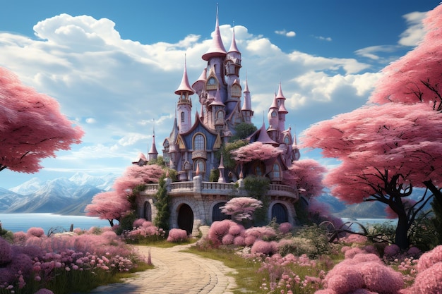 Una foto d'archivio ravvicinata di una casa fantasy rosa su un campo verde