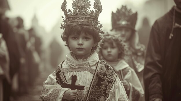 una foto d'epoca la settimana santa una processione e preghiere di bambini che tengono una croce