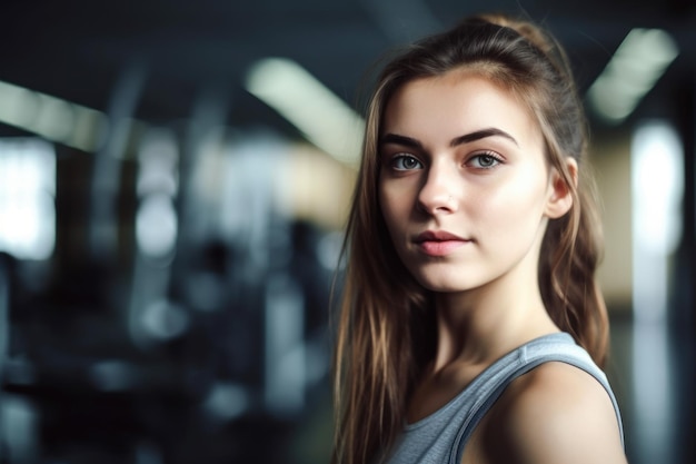 Una foto da vicino di una giovane donna in piedi in palestra