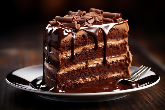 Una foto da vicino di una torta di cioccolato su un tavolo di legno