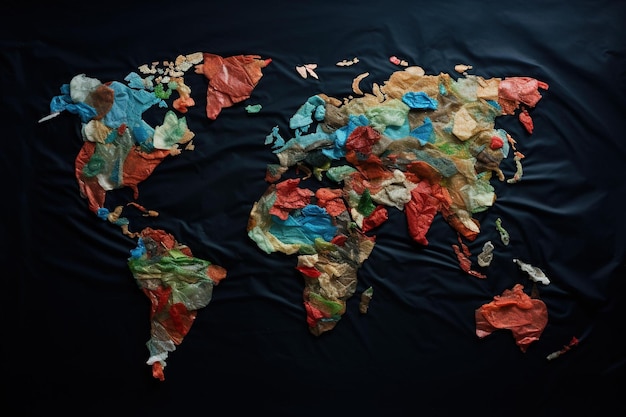 Una foto dall'alto di spazzatura che forma una mappa del mondo su uno sfondo nero