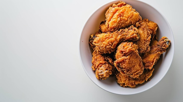 Una foto dall'alto di un secchio di pollo fritto croccante su uno sfondo bianco minimalista