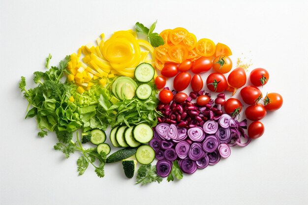 Una foto dall'alto di un tavolo di legno con vari ingredienti per l'insalata