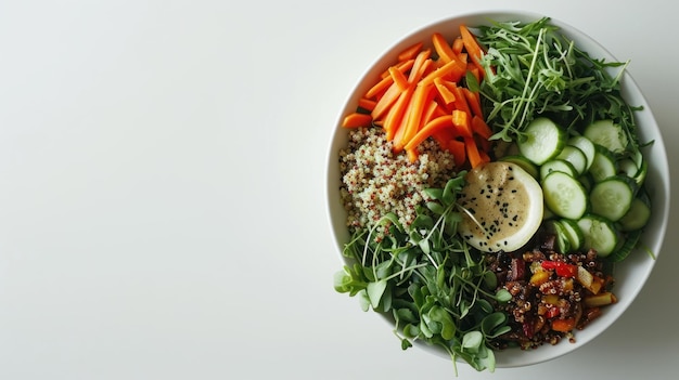 Una foto dall'alto di una ciotola di insalata di quinoa su uno sfondo bianco minimalista