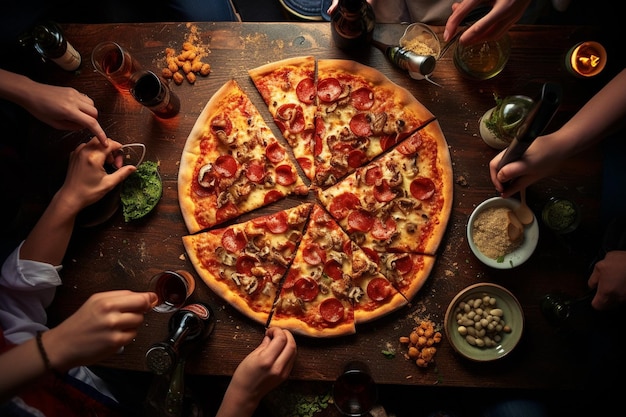 Una foto dall'alto di una pizza che viene servita a una festa di pizza casuale