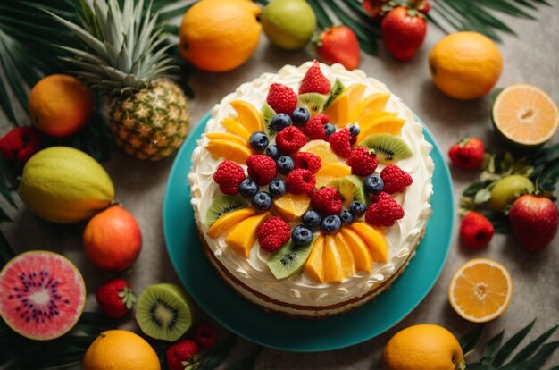 Una foto dall'alto di una torta di compleanno con un arrangiamento di frutta tropicale vibrante