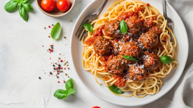 Una foto dall'alto di uno spaghetti con polpette su uno sfondo bianco minimalista