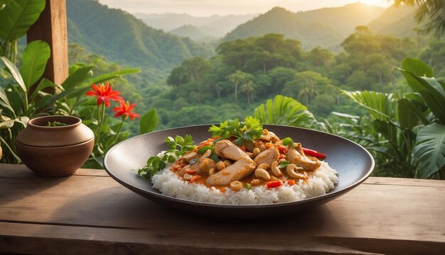 Una foto del curry rosso di pollo e anacardi con riso ed erbe servito in un pittoresco patio all'aperto