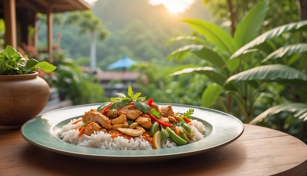 Una foto del curry rosso di pollo e anacardi con riso ed erbe servito in un pittoresco patio all'aperto