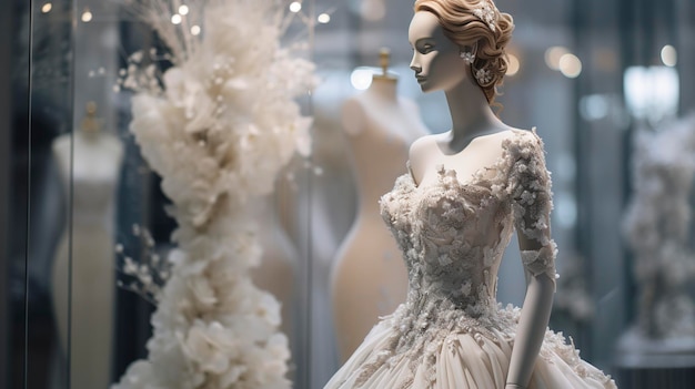 Una foto del manichino di una boutique che indossa un abito da sposa