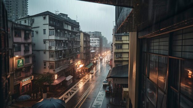 Una foto del paesaggio urbano sotto la pioggia