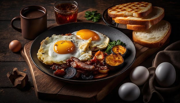 Una foto del prodotto di uova fritte e pancetta e patate fritte e sanguinaccio e funghi e pane tostato IA generativa