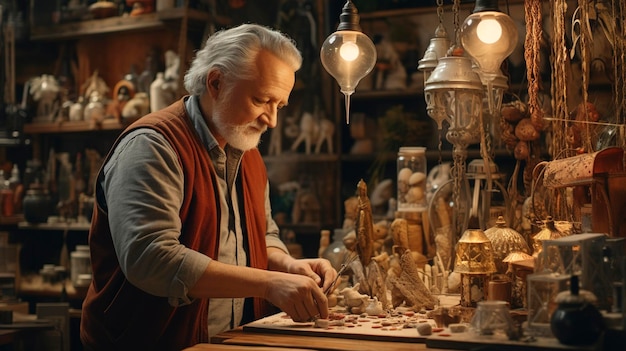 Una foto del proprietario di un negozio che organizza oggetti di artigianato fatti a mano