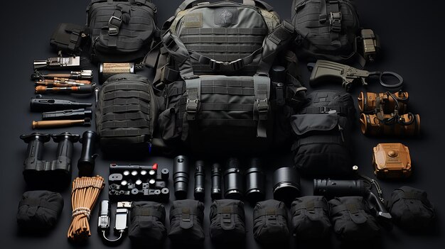una foto dell'abbigliamento e delle armi dell'esercito