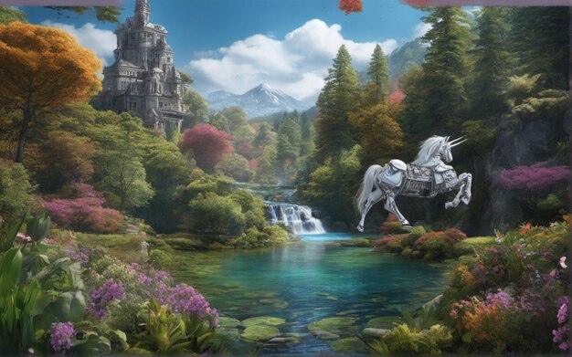 Una foto dell'animale di fantasia del fondo dell'unicord dell'illustrazione con il fondo del paesaggio