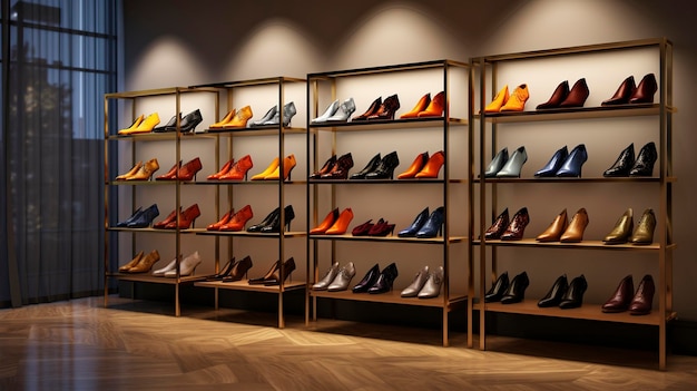 Una foto dell'esposizione di scarpe accuratamente organizzata di una boutique