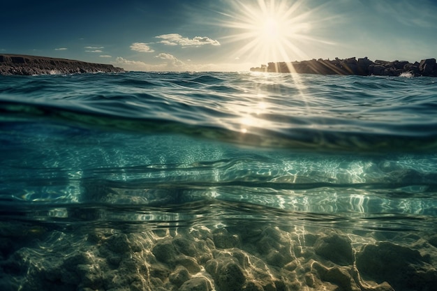 Una foto dell'oceano e del sole che splende attraverso l'acqua