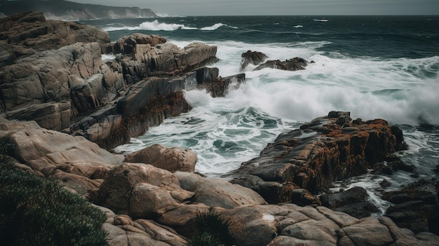 Una foto dell'oceano e delle rocce con le onde che si infrangono contro di essa.