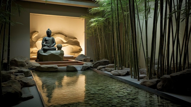 Una foto della fontana e della scultura in bambù di una spa