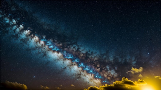 Una foto della Via Lattea con un cielo azzurro e nuvole sullo sfondo.