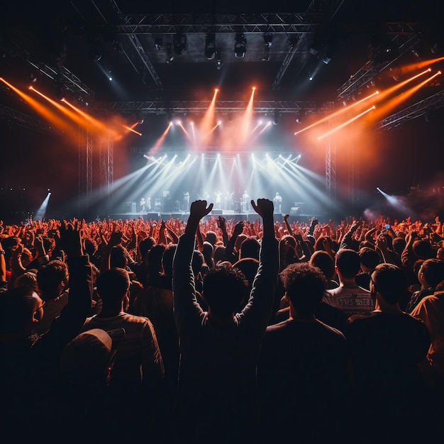 una foto della vista posteriore del pubblico con le braccia alzate davanti al palco di un concerto musicale