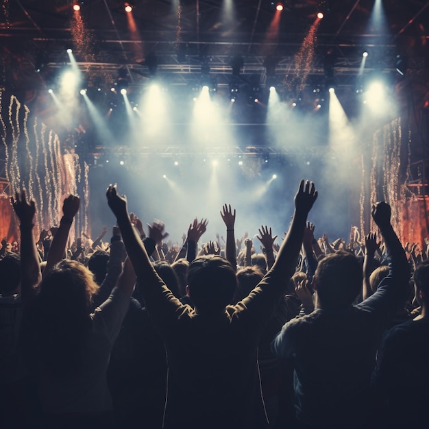 una foto della vista posteriore del pubblico con le braccia alzate davanti al palco di un concerto musicale