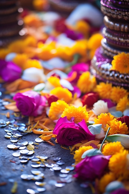 una foto dettagliata delle decorazioni floreali di Ram Navami in un tempio