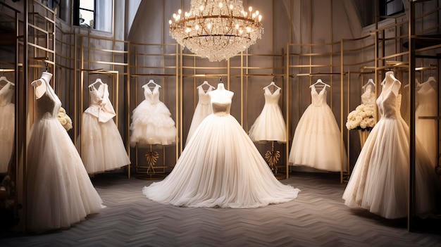 Una foto di abiti da sposa eleganti in una boutique