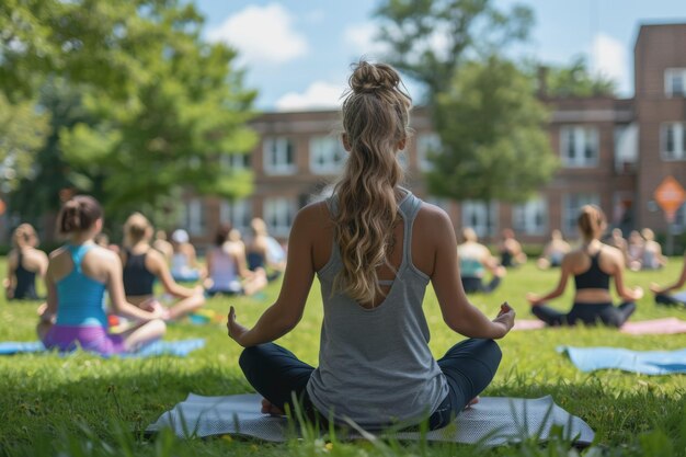 Una foto di abiti da yoga L'insegnante di yoga sta chiedendo agli studenti di fare yoga