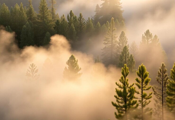 una foto di alberi di pino e una montagna con il sole che splende attraverso le nuvole