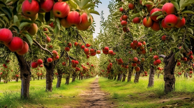 Una foto di alta qualità dettagli fila di alberi di mele in un frutteto