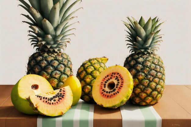 Una foto di ananas e kiwi su un tavolo.