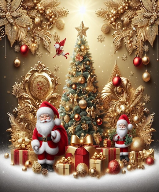 una foto di Babbo Natale e un albero di Natale con una stella d'oro su di esso